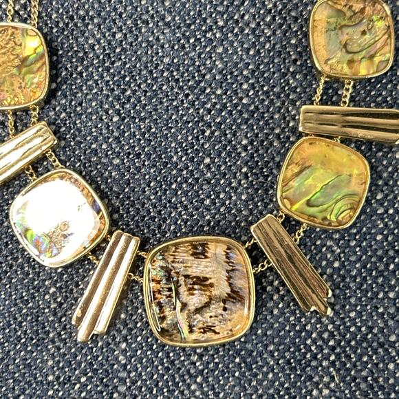 Abalone Slide Bead Necklace Gold Tone Boho 16” With 3” Extender Double Chain - Picture 8 of 10